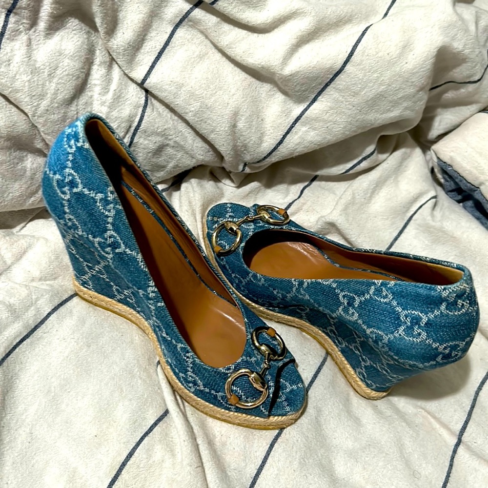 Authentic Gucci denim g monogram wedges